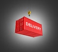 Cargo shipping container loading concept the crane lifts the container with an inscription delivery on balck gradient background Royalty Free Stock Photo