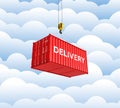 Cargo shipping container loading concept the crane lifts the container with an inscription delivery on cloud background 3d Royalty Free Stock Photo