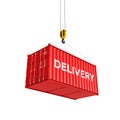 Cargo shipping container loading concept the crane lifts the container with an inscription delivery on white background 3d Royalty Free Stock Photo