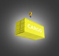 Cargo shipping container in yellow with an inscription delivery loading concept the crane lifts the container on black gradient Royalty Free Stock Photo