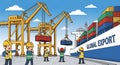 Cargo Shipping with Cranes and Dock Workers Illustration Royalty Free Stock Photo