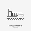 Cargo shipping flat line icon. Boat with containers sign. Thin linear logo for sea delivery logistics, freight services