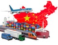 Cargo shipping and freight transportation in China by ship, airplane, train, truck and van. 3D rendering Royalty Free Stock Photo