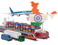 Cargo shipping and freight transportation in India by ship, airplane, train, truck and van. 3D rendering Royalty Free Stock Photo