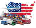Cargo shipping and freight transportation in the United States by ship, airplane, train, truck and van. 3D rendering Royalty Free Stock Photo