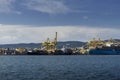 Cargo ships docked at Pier VII of the Port of Trieste loading:unloading containers Royalty Free Stock Photo