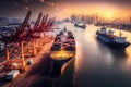 Cargo Ships Docked at the World\'s Busiest Port with Busy Cranes and Stunning Cityscape in the Background