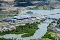 Cargo ships passing through Miraflores Locks at Panama Canal. Royalty Free Stock Photo