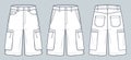 Cargo Shorts technical fashion illustration. Denim Short Pants fashion flat technical drawing template, elastic waistband