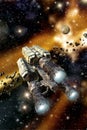 Cargo spaceship in asteroid field Royalty Free Stock Photo