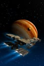 A cargo spaceship flying around planet jupiter, 3d illustration