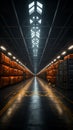 Cargo stored in a vast warehouse under a sturdy metal frame roof