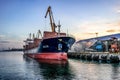 A cargo tanker moored at an industrial dock in Kherson Port