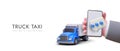 Cargo taxi. Freight transportation services. 3D truck, hand with smartphone, messenger icon
