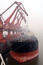 Cargo terminal for discharging coal cargos by shore cranes during foggy weather. Port Bayuquan,China. Royalty Free Stock Photo