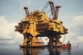 Cargo terminal for loading bulk cargo of iron ore by ship cranes and grabs. Port of Lofoten, Norway. heavy lift crane vessel, AI Royalty Free Stock Photo