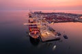 Cargo terminal loading shipping containers onto cargo ships, aerial footage, hyperlapse, Vancouver, BC, Canada, marine Royalty Free Stock Photo