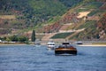 Cargo and tourist ships on the Rhine river valley near Ruedesheim, Germany Royalty Free Stock Photo