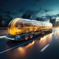 Cargo Trailer Drives on the Road. Futuristic Technology Concept: Autonomous Self-Driving Lorry Cargo Trailer Drives on Royalty Free Stock Photo