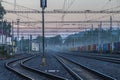 Cargo train in autumn morning near Horni Dvoriste station near border of Austria Royalty Free Stock Photo