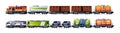 Cargo train. Cartoon freight delivery transport locomotive wagon carriage with containers, railroad transport service