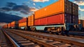 Cargo train. Freight train with cargo containers. Train wagons carrying cargo containers for shipping companies. Royalty Free Stock Photo