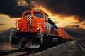 Cargo train. Freight train with cargo containers. Train wagons carrying cargo containers for shipping companies. Royalty Free Stock Photo