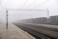 Cargo Train Moving On Platform Freight Train Passing Through Station Royalty Free Stock Photo