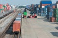 Cargo train platform with freight train container at depot in po Royalty Free Stock Photo