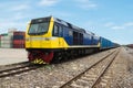 Cargo train platform with freight train container at depot use f Royalty Free Stock Photo