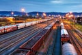 Cargo train platform at nigrh with container, Freight transportation - railway Royalty Free Stock Photo