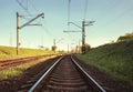 Cargo train platform at sunset. Railroad. Railway station Royalty Free Stock Photo