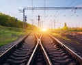 Cargo train platform at sunset. Railroad in Ukraine. Railway Royalty Free Stock Photo