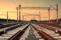 Cargo train platform at sunset. Railway station Royalty Free Stock Photo