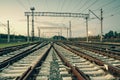 Cargo train platform at sunset. Railway station Royalty Free Stock Photo