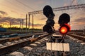 Cargo train platform at sunset. Railway station Royalty Free Stock Photo