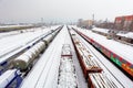 Cargo train platform at winter, railway - Freight tranportation