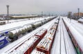 Cargo train platform at winter, railway