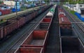 Cargo train in sorting freight railway station, rail freight transport Royalty Free Stock Photo