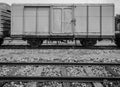 Cargo train and wooden track Royalty Free Stock Photo