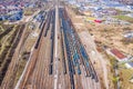 Cargo trains. Aerial view of colorful freight trains on the railway station. Wagons with goods on railroad.Aerial view Royalty Free Stock Photo