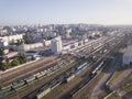 Cargo trains. Aerial view from drone freight wagon on the railway station. Railroad. Heavy industry. Top view