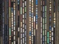 Cargo trains close-up. Aerial view of colorful freight trains on the railway station. Wagons with goods on railroad Royalty Free Stock Photo