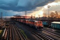 Cargo trains on rails, industrial scene with city buildings, colorful sunset