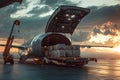 Cargo Transport Operation at Sunset With an Open Hatch and Crates Inside. Generative AI