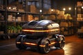 A cargo transport robot is parked on the floor near shelves with merchandise in a spacious warehouse that is lit at