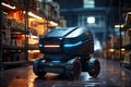 A cargo transport robot is parked on the floor near shelves with merchandise in a spacious warehouse that is lit at