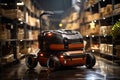 A cargo transport robot is parked on the floor near shelves with merchandise in a spacious warehouse that is lit at