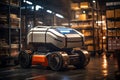 A cargo transport robot is parked on the floor near shelves with merchandise in a spacious warehouse that is lit at