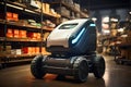 A cargo transport robot is parked on the floor near shelves with merchandise in a spacious warehouse that is lit at